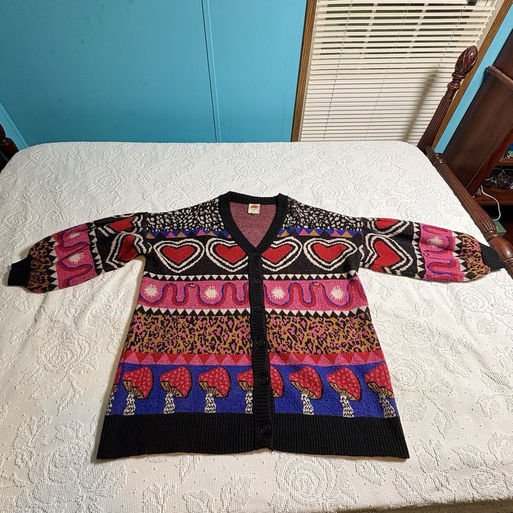 Farm Rio Ainika Graphic Cardigan Sweater Mushrooms Jacquard Size M